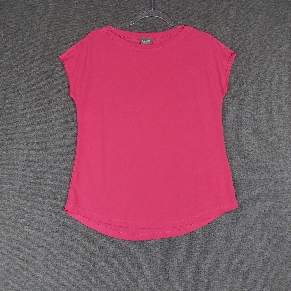 CHICOS WOMENS BRIGHT PINK SHORT SLEEVE SLINKY LIQUID KNIT BOAT NECK TSHIRT SZ 0